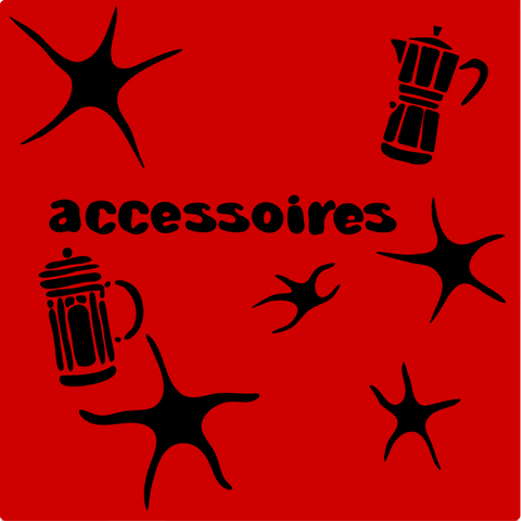 Image Illustration with Black startfish, accessoires/Assecories written in black ink, Link to page listing of coffee accesoires sold by Za and Klo / Za & Klo Torrefactrices/Roasters/Microroaster