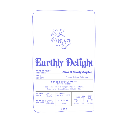 Image Illustration of coffee bags sold by Za and Klo / Za & Klo Torrefactrices/Roasters/Microroaster. Earthly delight is a release that refers to turkish delight and the garden of earthly delights by Hieronymus Bosch, the Dutch painter