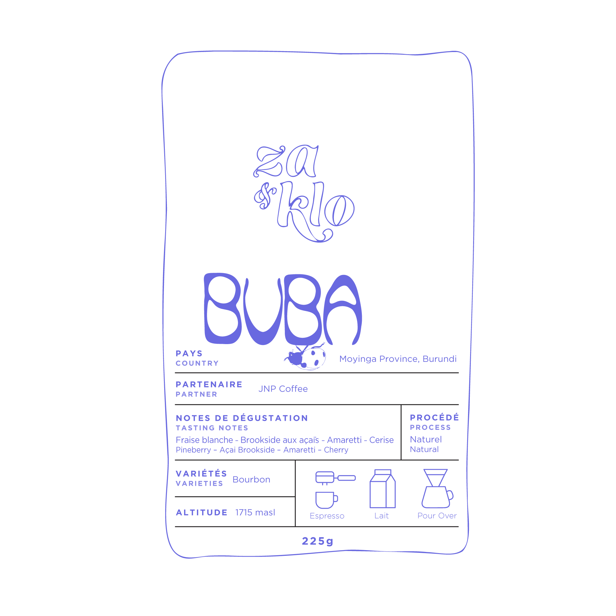 Image of Za and Klo torefactrice, Cafe Buba. Un café naturel en provenance de Moyinga au Burundi. Ce bourbon naturel&nbsp;a l'éclat de la fraise blanche, une richesse qui rappelle les bonbons Brookside, la saveur de noix sucrées de l’amaretti, et la cerise.