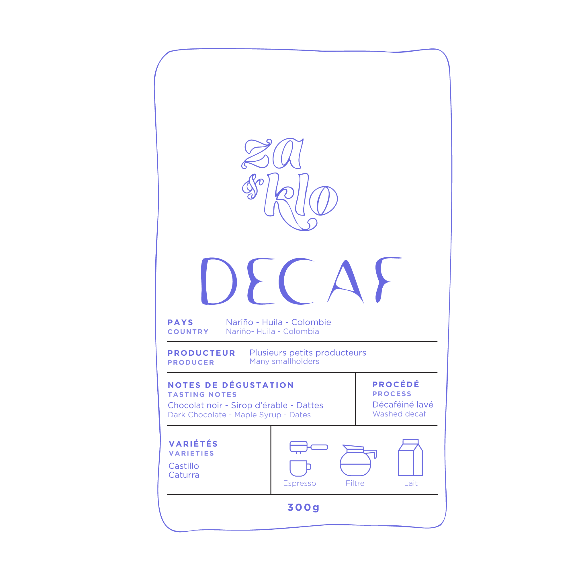 Image d’un sac de café illustrant un décaféiné provenant de plusieurs petites fermes d’une même communauté en Colombie. Le sac met en avant des notes de datte, chocolat et sirop d’érable, avec une typographie visible affichant le nom du café. Ce décaféiné délicieux et versatile se déguste en pour over, en espresso ou mélangé avec du lait, offrant une expérience gourmande comparable à un café classique. Za et Klo Torrefaction.