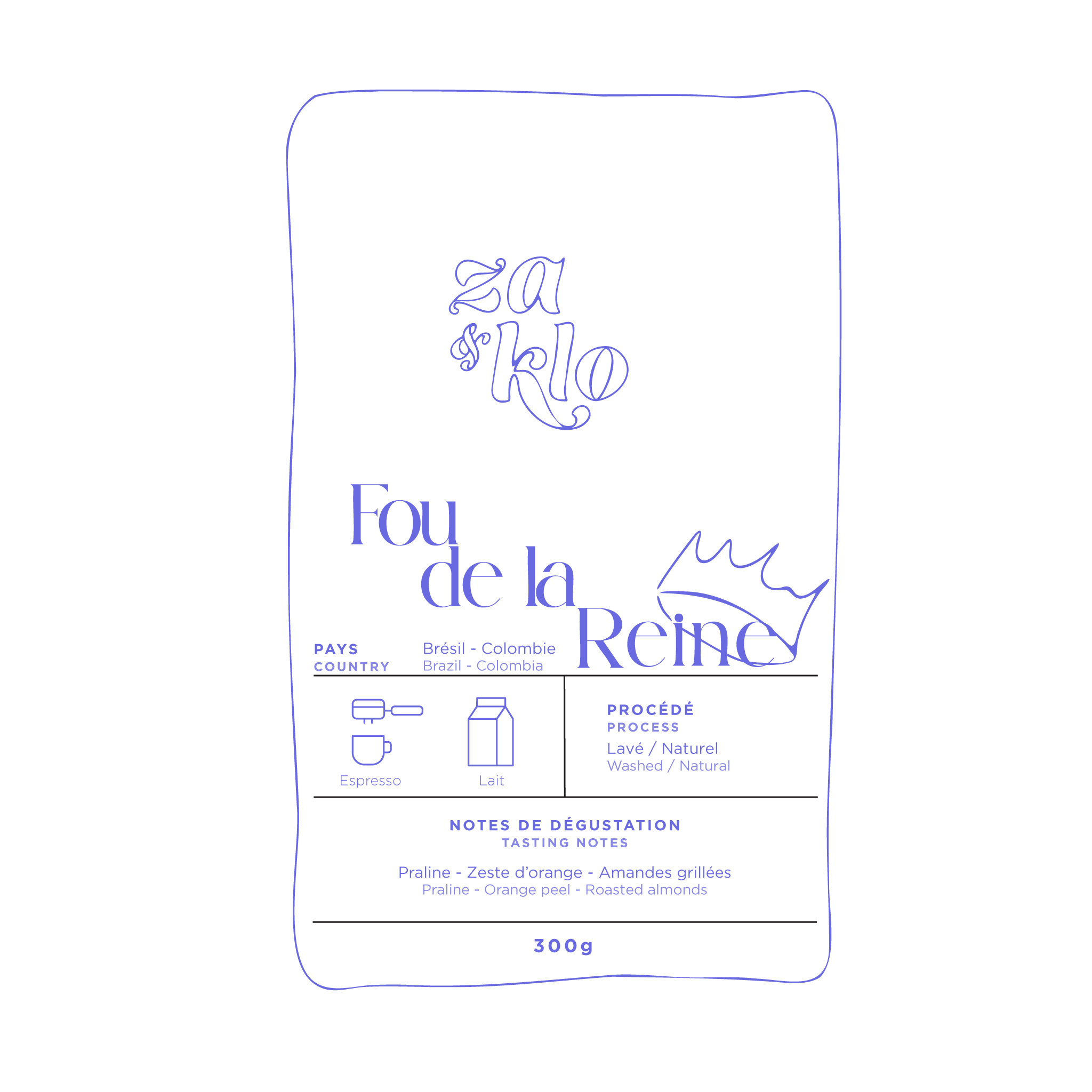 Dessin d’un sac de café illustrant Fou de la Reine, Avant Funny, un mélange de café colombien lavé et de Brésil Honey. Le sac met en avant des notes de dégustation de noix pralinées, avec une typographie visible affichant le nom « FUNNY ». Ce café crémeux et sucré se déguste parfaitement en latte ou cortado, offrant une expérience gourmande et réconfortante, idéale à tout moment de la journée, même tôt le matin.