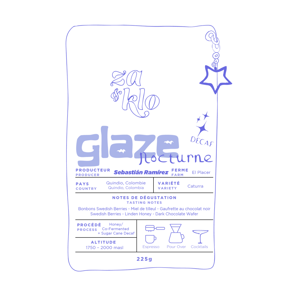 Photo of Glaze decaf (nocturne), a 'honey' co-fermented coffee from Colombia produced by Sebastian Ramirez, with a star-shaped keychain attached to the bag. The bag highlights fruity notes of strawberry yogurt, cranberries, and linden, with visible typography displaying the name 'Glaze.' The 120-hour anaerobic fermentation with red wine yeast, dehydrated strawberries, and red fruits create a texture reminiscent of autumn honey. Ideal for espresso or pour-over. Roasted by Za and Klo Roastery