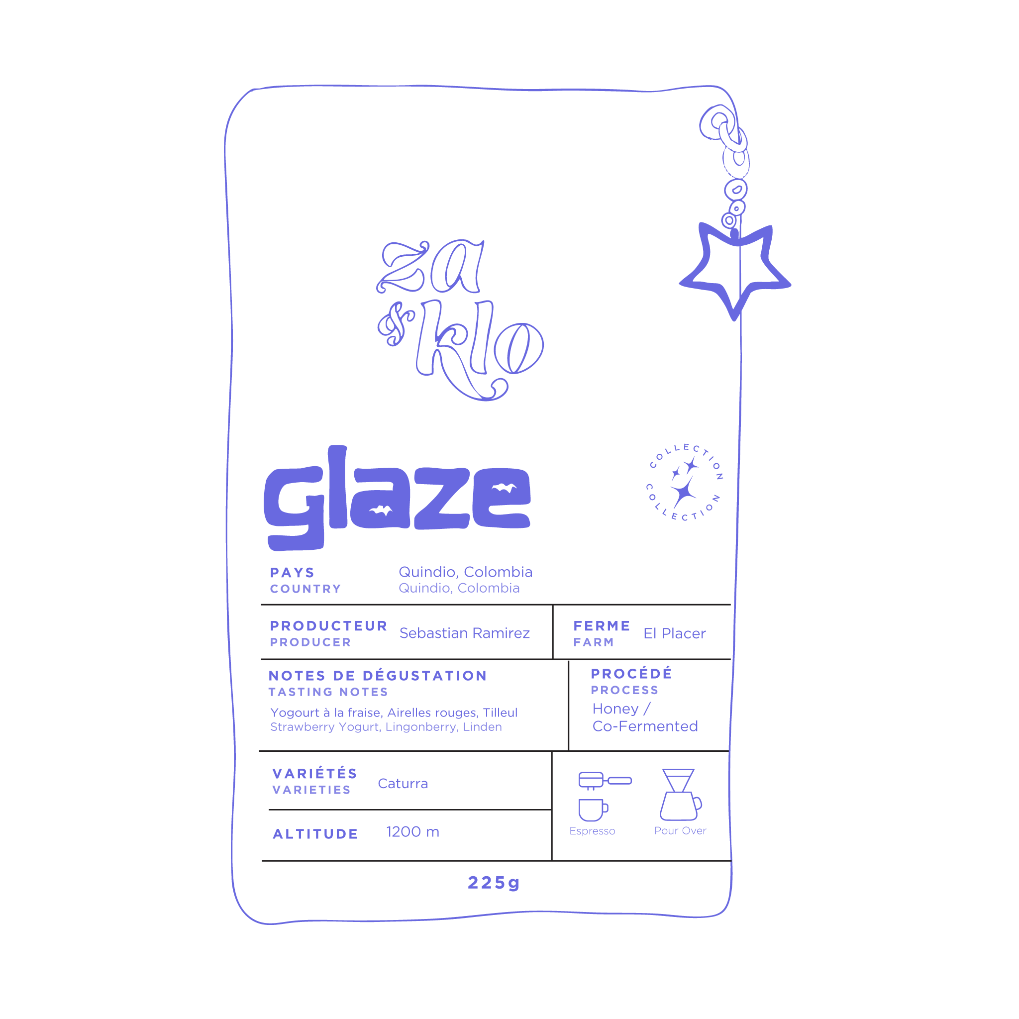 Photo of Glaze, a 'honey' co-fermented coffee from Colombia produced by Sebastian Ramirez, with a star-shaped keychain attached to the bag. The bag highlights fruity notes of strawberry yogurt, cranberries, and linden, with visible typography displaying the name 'Glaze.' The 120-hour anaerobic fermentation with red wine yeast, dehydrated strawberries, and red fruits create a texture reminiscent of autumn honey. Ideal for espresso or pour-over. Roasted by Za and Klo Roastery