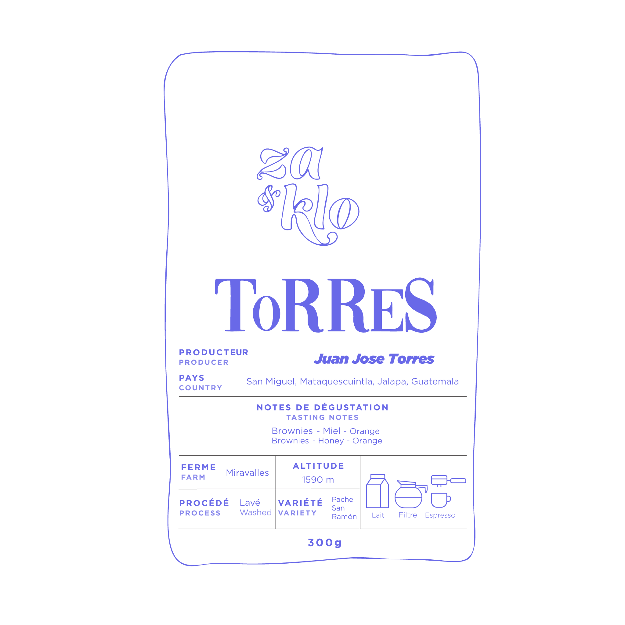 Dessin d’un sac de café mettant en avant Juan Jose Torres, producteur de la communauté indigène Xinka et membre de la Cafe Colis Resistencia. Le sac illustre des notes de dégustation d’orange, de miel et de chocolat, avec une typographie marquée affichant le mot « Torres ». Acheter ce café soutient la résistance pacifique Xinka contre l’exploitation minière Escobal ainsi que la défense de leurs droits et de la biodiversité.
