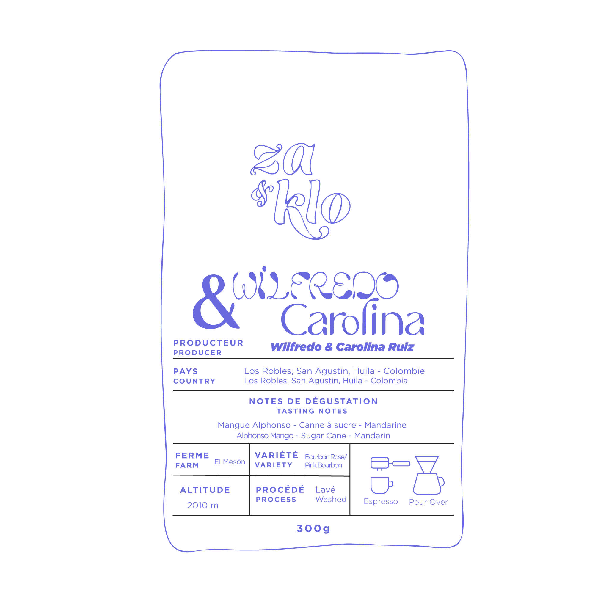 Dessin d’un sac de café illustrant Wilfredo Carolina, un café aux saveurs claires et juteuses. Le sac met en avant des notes sucrées de fruits tropicaux, avec une typographie visible affichant le nom « Wilfredo Carolina ». Une tasse délicieuse et fruitée, parfaite pour une dégustation légère et gourmande.