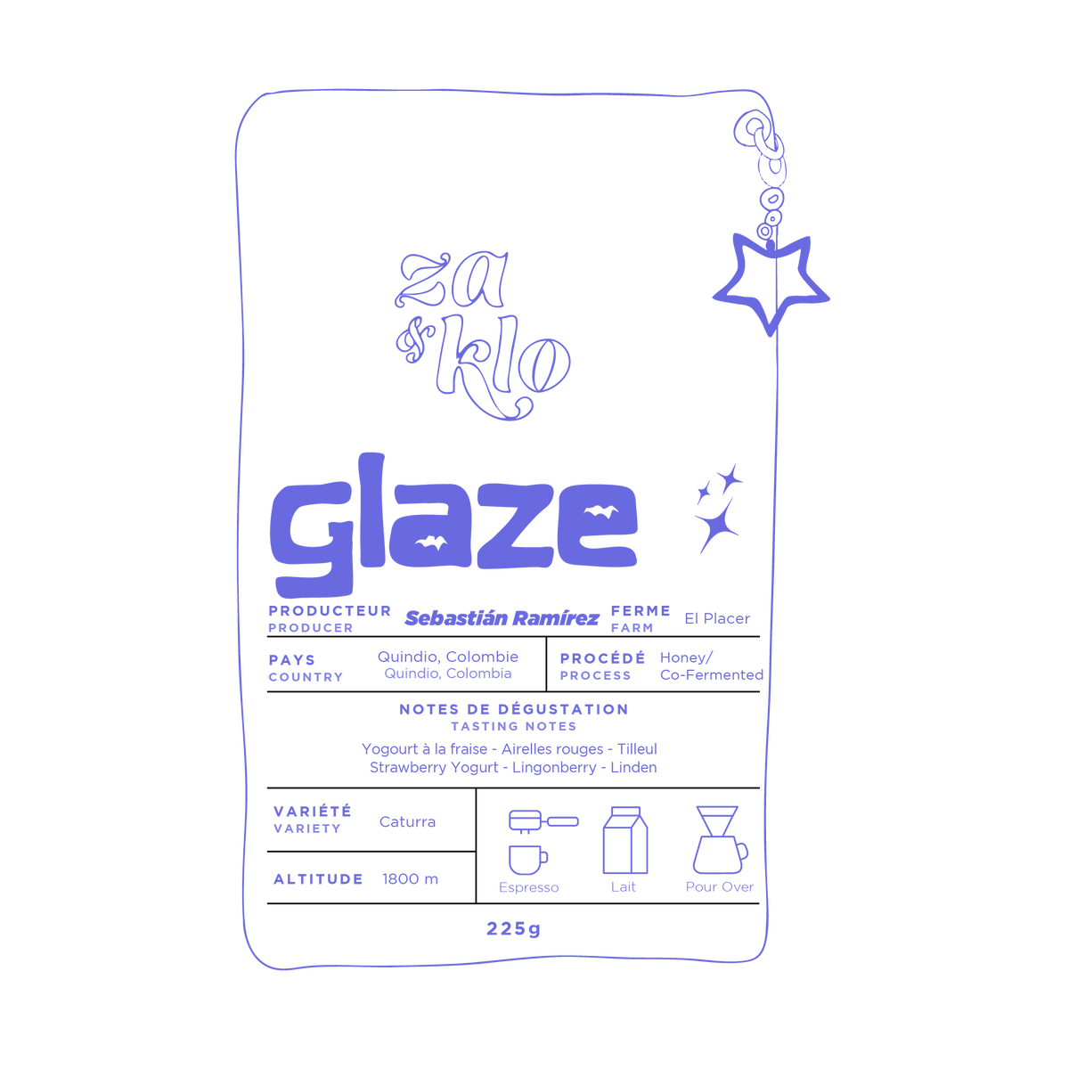 Photo of Glaze, a 'honey' co-fermented coffee from Colombia produced by Sebastian Ramirez, with a star-shaped keychain attached to the bag. The bag highlights fruity notes of strawberry yogurt, cranberries, and linden, with visible typography displaying the name 'Glaze.' The 120-hour anaerobic fermentation with red wine yeast, dehydrated strawberries, and red fruits create a texture reminiscent of autumn honey. Ideal for espresso or pour-over. Roasted by Za and Klo Roastery