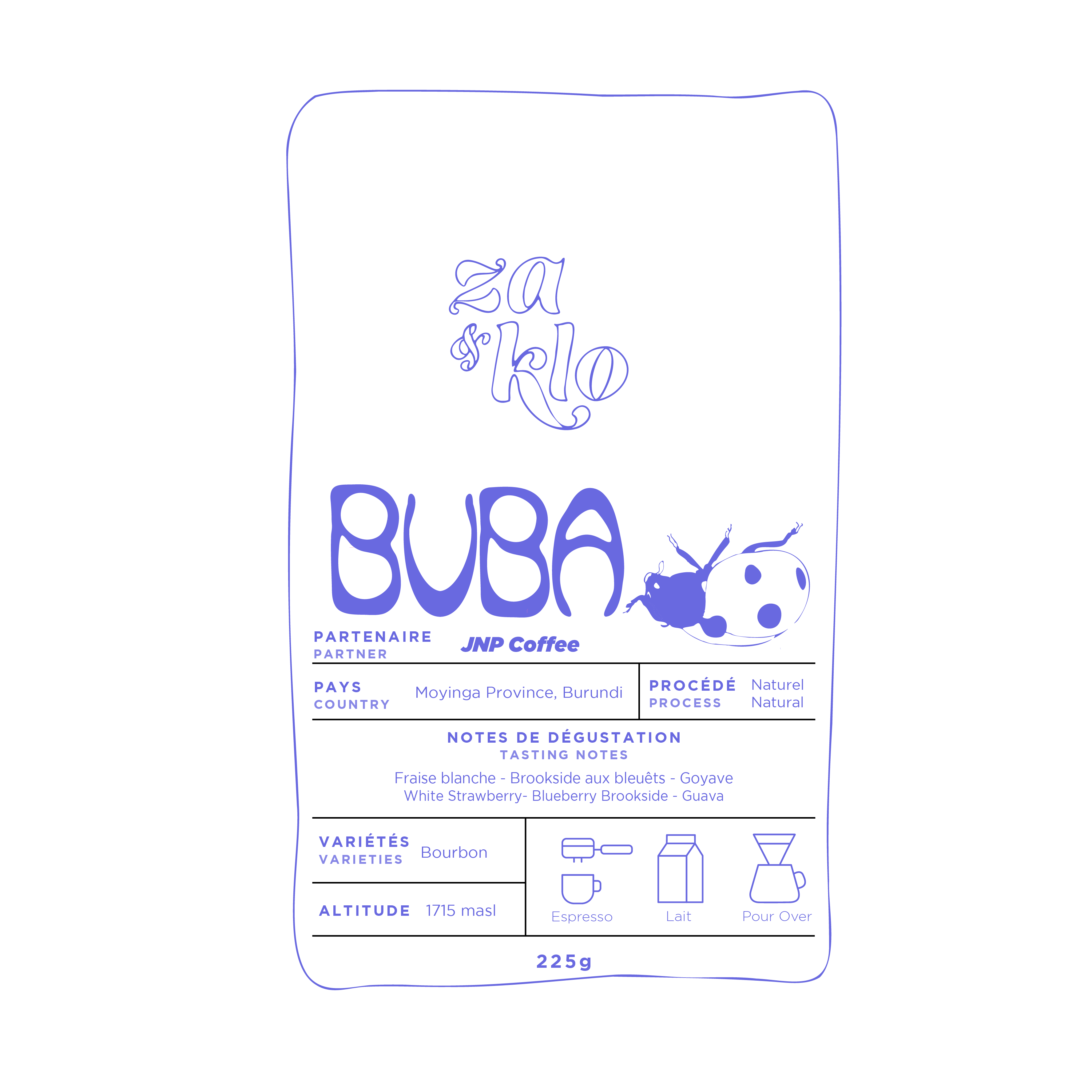Image of Za and Klo torefactrice, Cafe Buba. Un café naturel en provenance de Moyinga au Burundi. Ce bourbon naturel&nbsp;a l'éclat de la fraise blanche, une richesse qui rappelle les bonbons Brookside, la saveur de noix sucrées de l’amaretti, et la cerise.