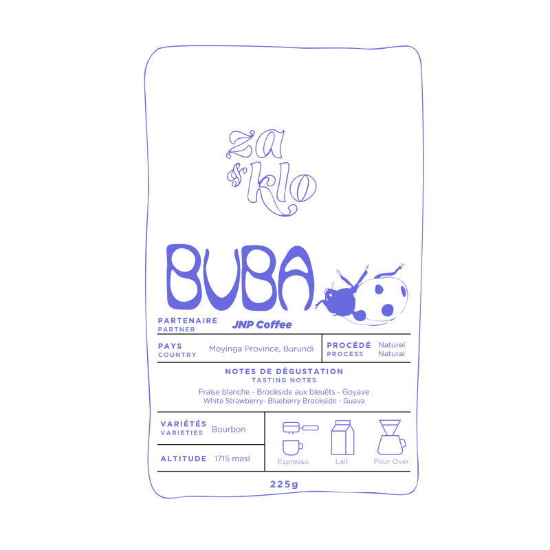 Image of Za and Klo torefactrice, Cafe Buba. Un café naturel en provenance de Moyinga au Burundi. Ce bourbon naturel&nbsp;a l'éclat de la fraise blanche, une richesse qui rappelle les bonbons Brookside, la saveur de noix sucrées de l’amaretti, et la cerise.