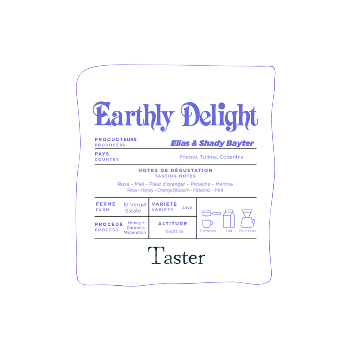 Image Illustration of coffee bags sold by Za and Klo / Za & Klo Torrefactrices/Roasters/Microroaster. Earthly delight is a release that refers to turkish delight and the garden of earthly delights by Hieronymus Bosch, the Dutch painter